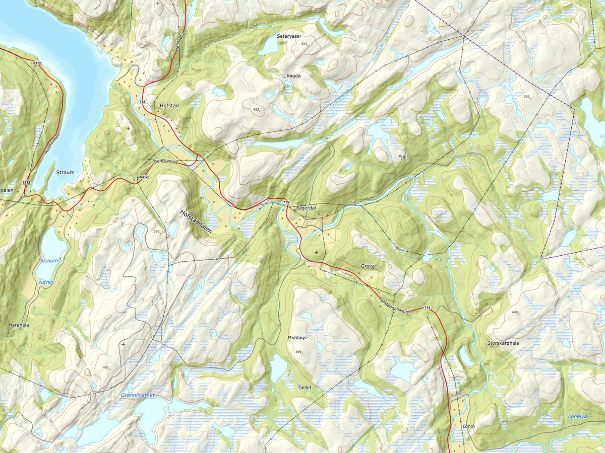 Kart over Fagerdalen i Brandsfjord med basen til Forfot Maskin AS markert.