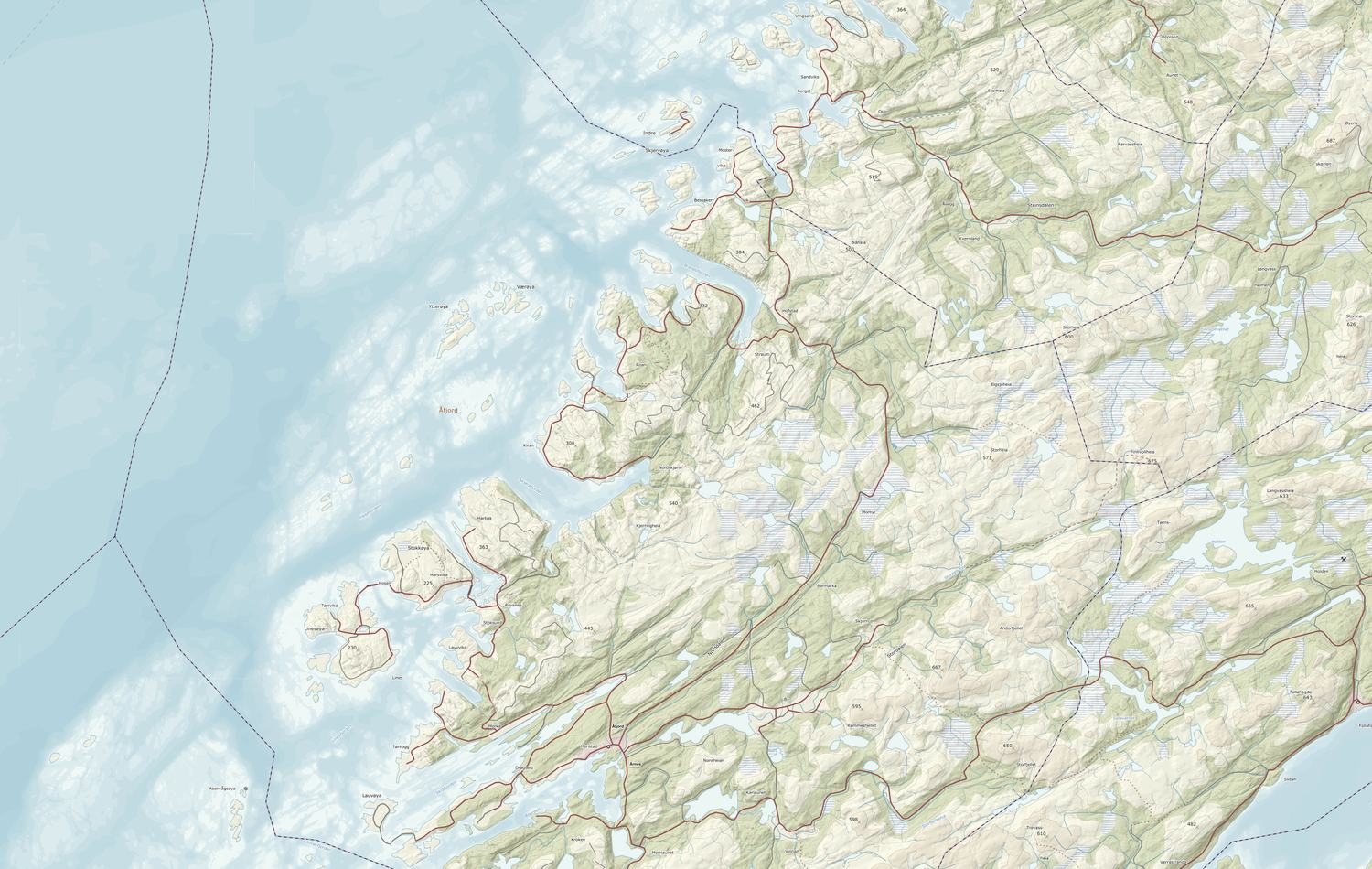Kart over Fosen med Brandsfjord, Roan, Bessaker, Osen, Stoksund og Åfjord.
